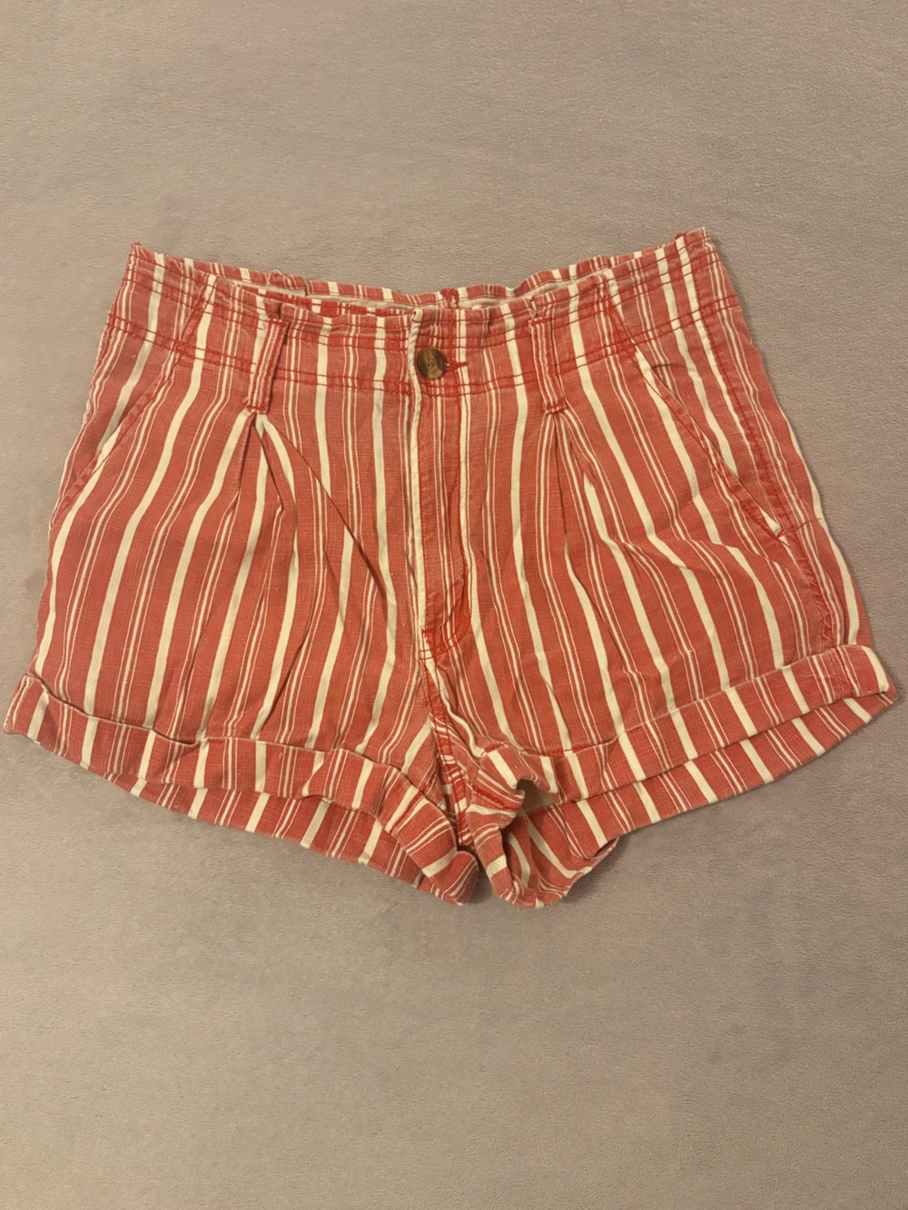 American Eagle Outfitters Orange-Red and White Striped Linen-Blend Shorts